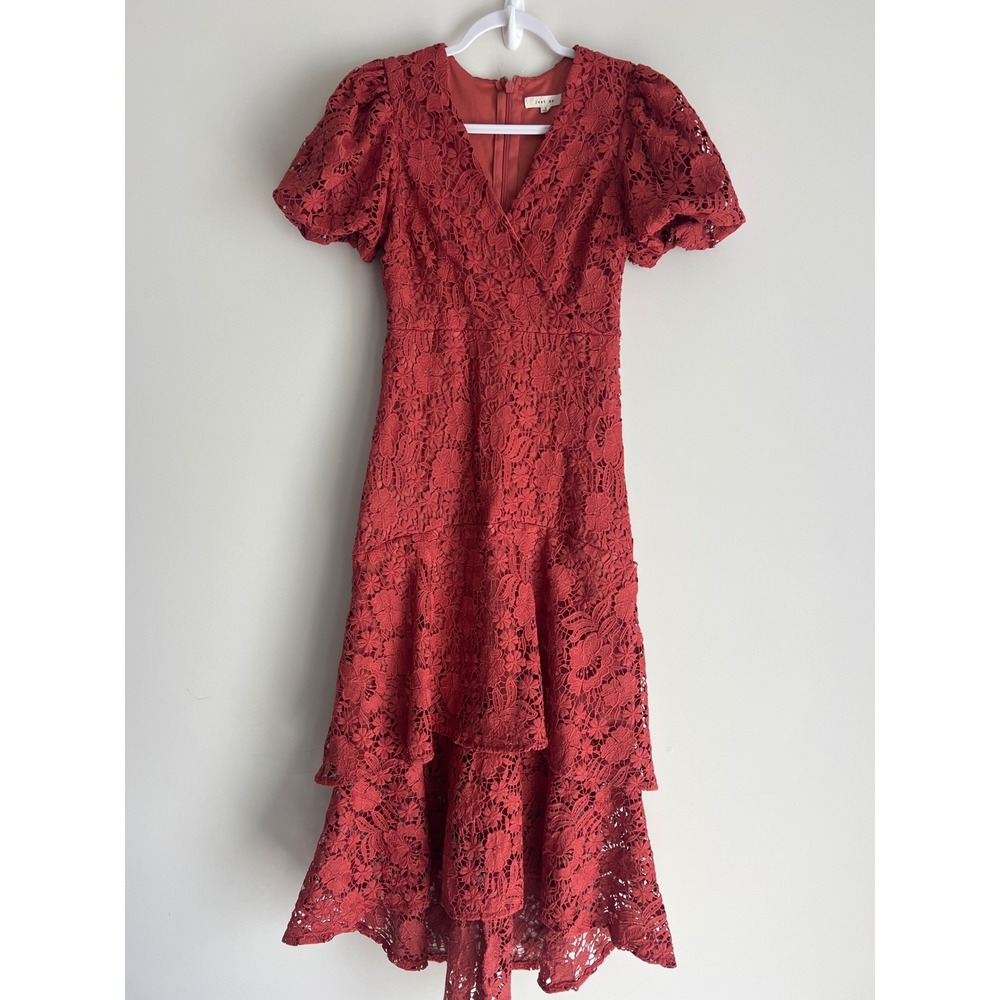 Just Me Rust Red Floral Lace Tiered High-Low Midi Dress V-Neck Puff Sleeve S